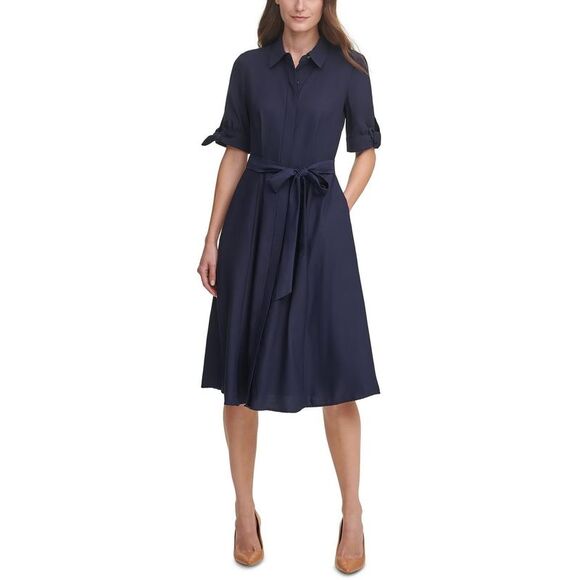 Calvin Klein Navy Midi Dress with Waist Tie - Picture 1 of 3